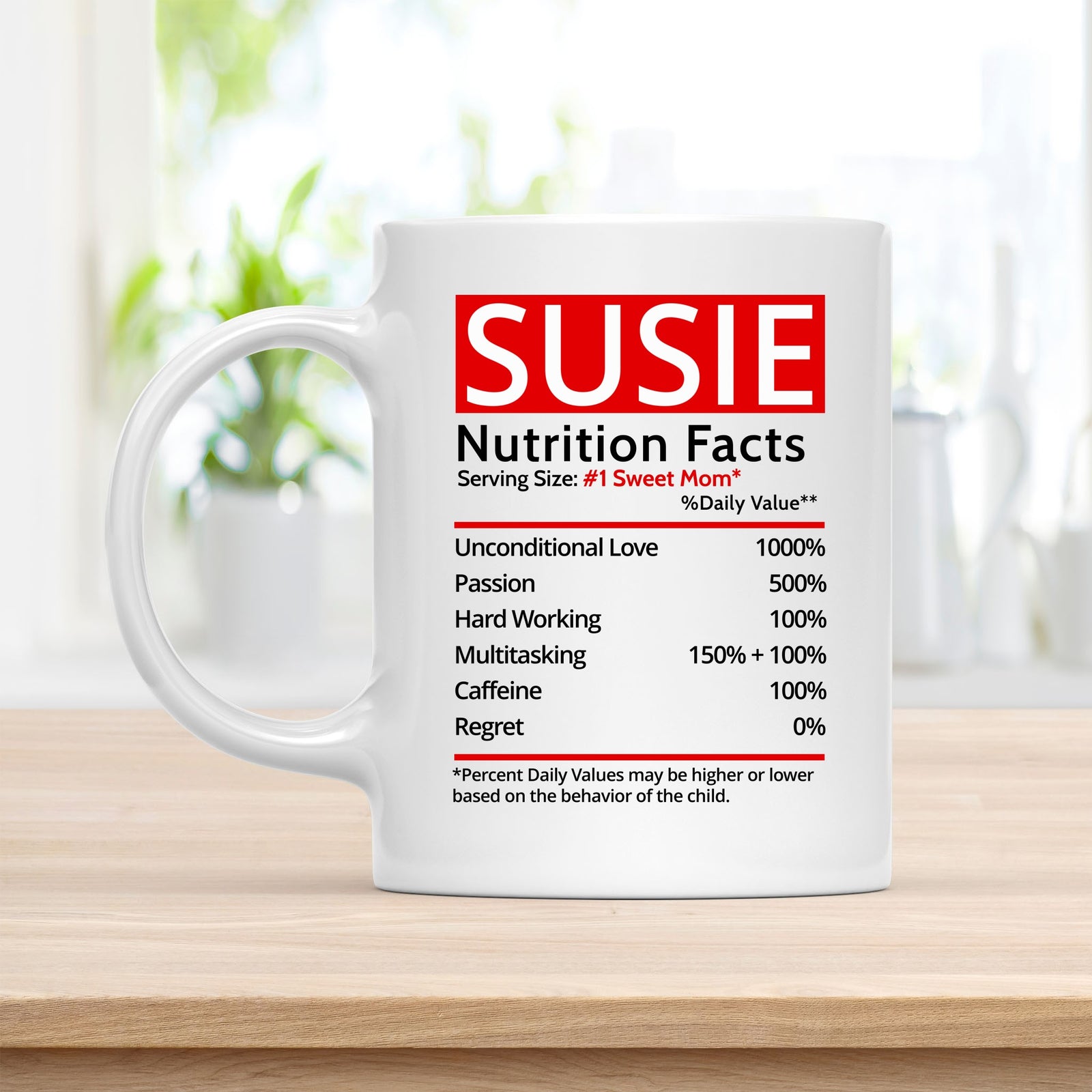 Personalized 11 oz Coffee Mug, Susie Nutrition Facts Quote