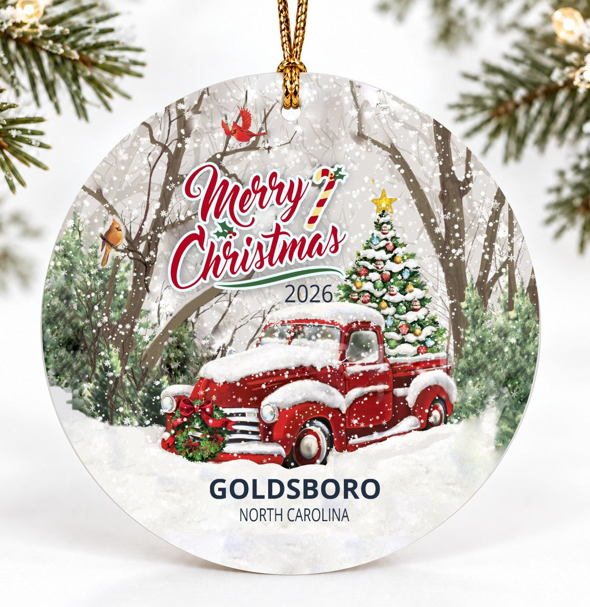 Goldsboro North Carolina Christmas Ornament Featuring a Star and Colorful Balls Quote