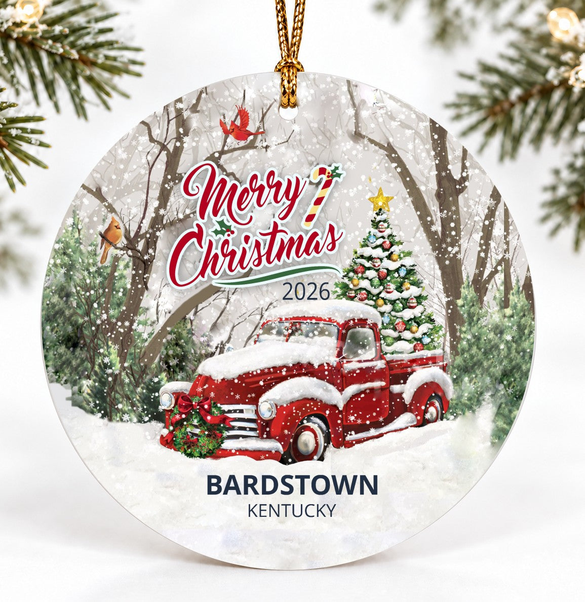 Bardstown Kentucky Christmas Ornament With Colorful Balls and a Top Star Quote