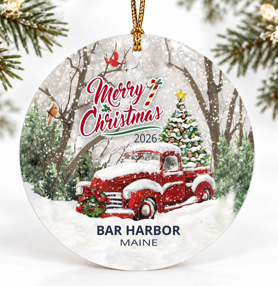 Bar Harbor Maine Christmas Ornament With Snow, a Red Truck, and a Star Quote