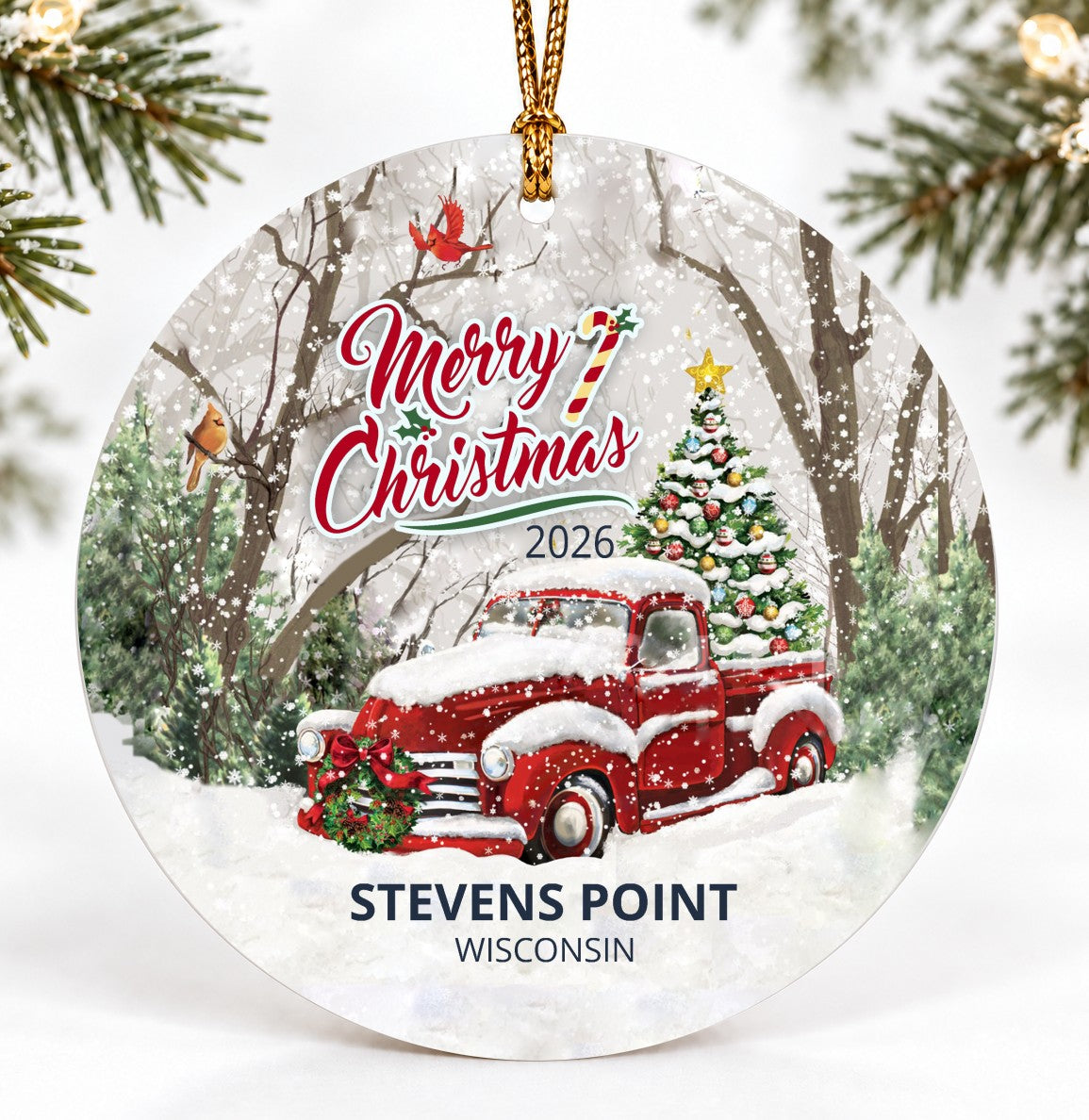 Stevens Point Wisconsin Christmas Ornament Featuring a Star and Colorful Balls Quote