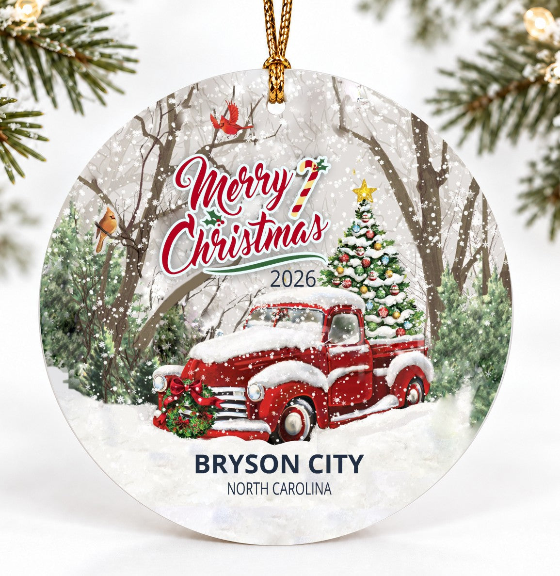 Red Pickup Christmas Ornament for Lake George New York With Grass and a Star Quote