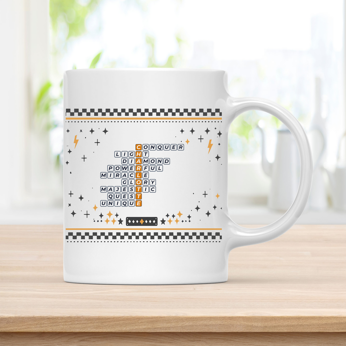 Charlotte Mug - Bold Crossword Typography - 11oz Ceramic Mug customcat