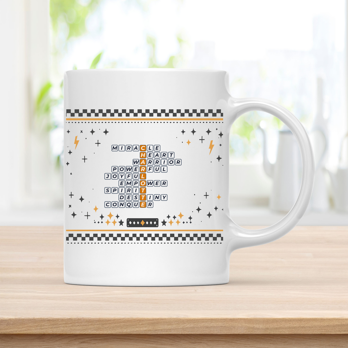 Charlotte Mug - Bold Crossword Typography - 11oz Ceramic Mug customcat