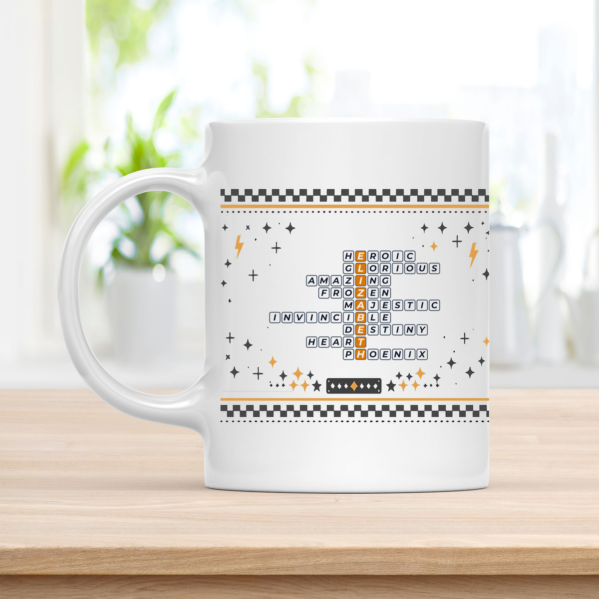 Elizabeth Mug - Bold Crossword Typography - 11oz Ceramic Mug customcat