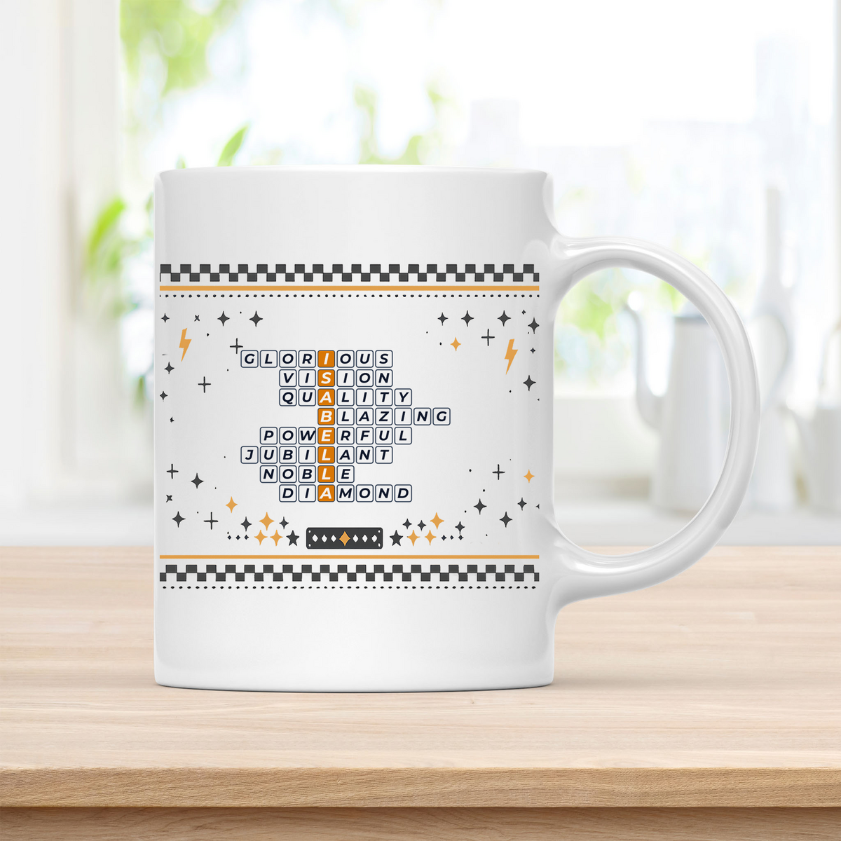 Isabella Mug - Playful Crossword Design - 11oz Ceramic Mug customcat