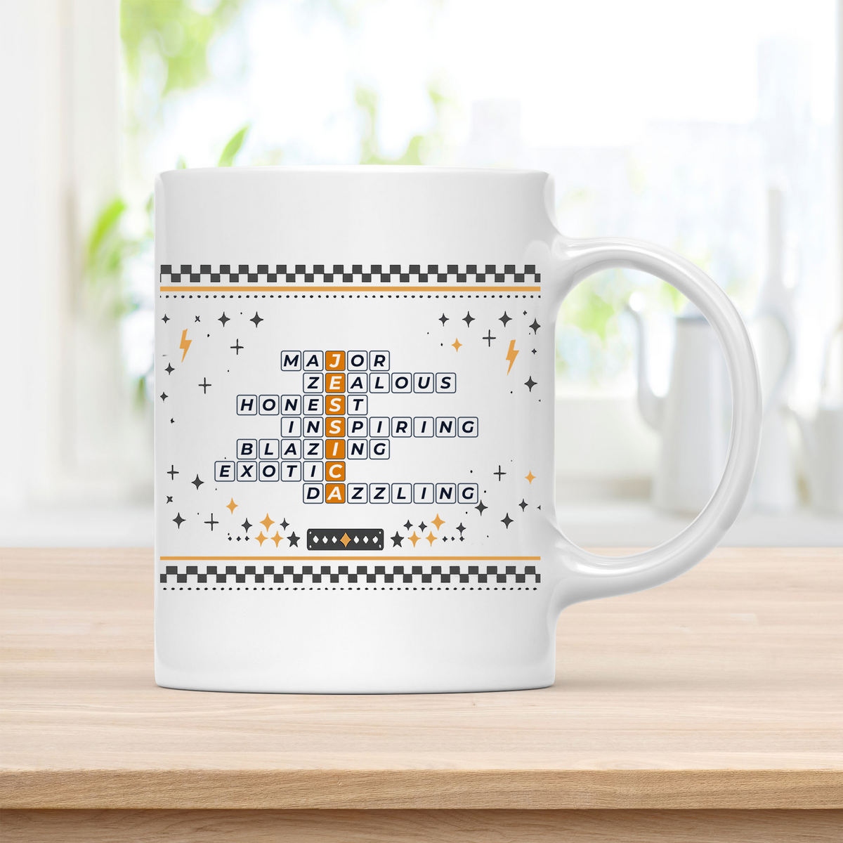Jessica Mug - Bold Crossword Typography - 11oz Ceramic Mug customcat