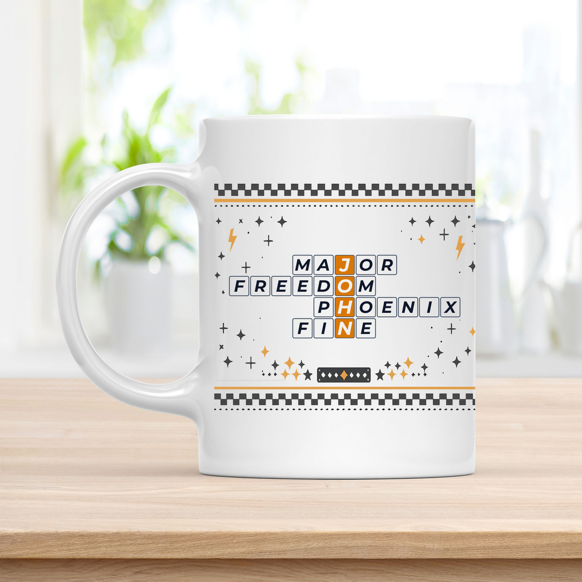 John ceramic coffee mug with Major and Freedom on the print grid words customcat