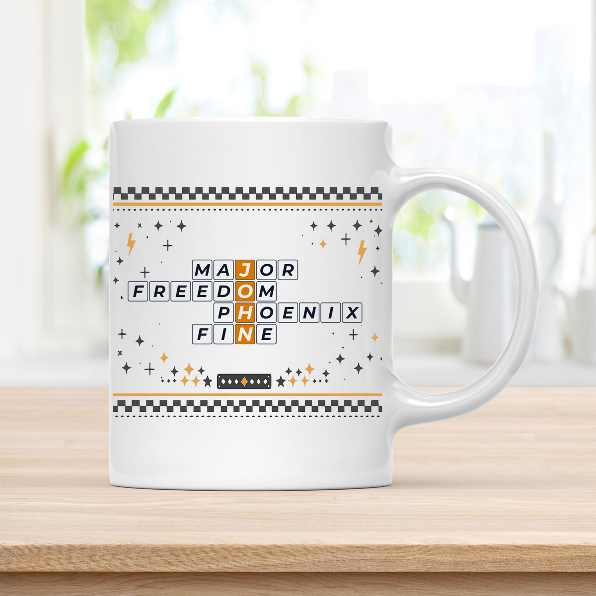 John ceramic coffee mug with Major and Freedom on the print grid words customcat
