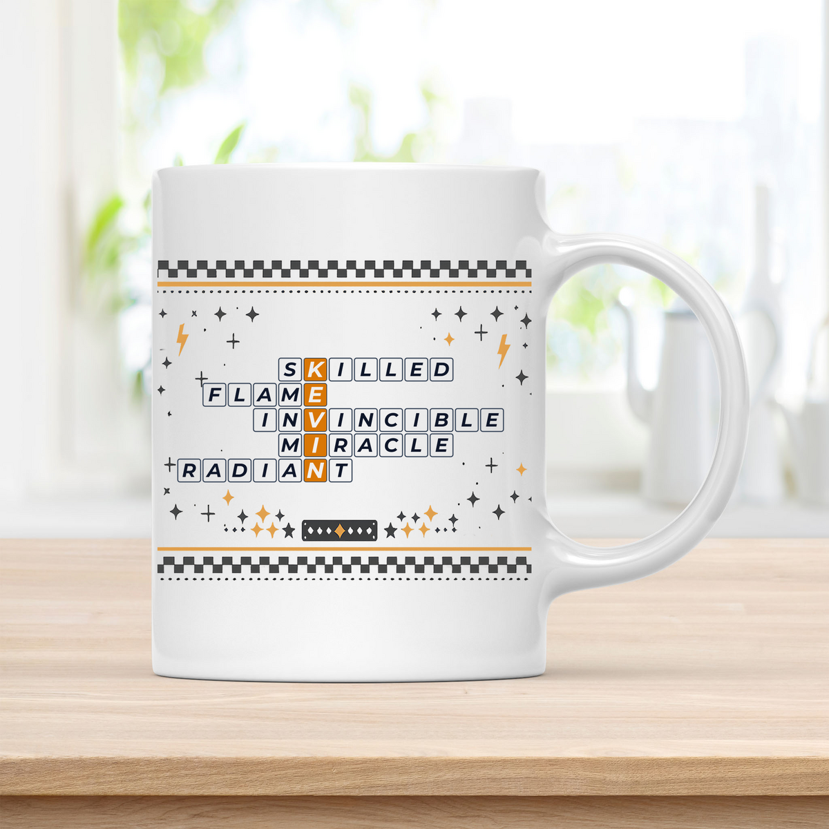 Kevin Mug - Bold Crossword Typography - 11oz Ceramic Mug customcat