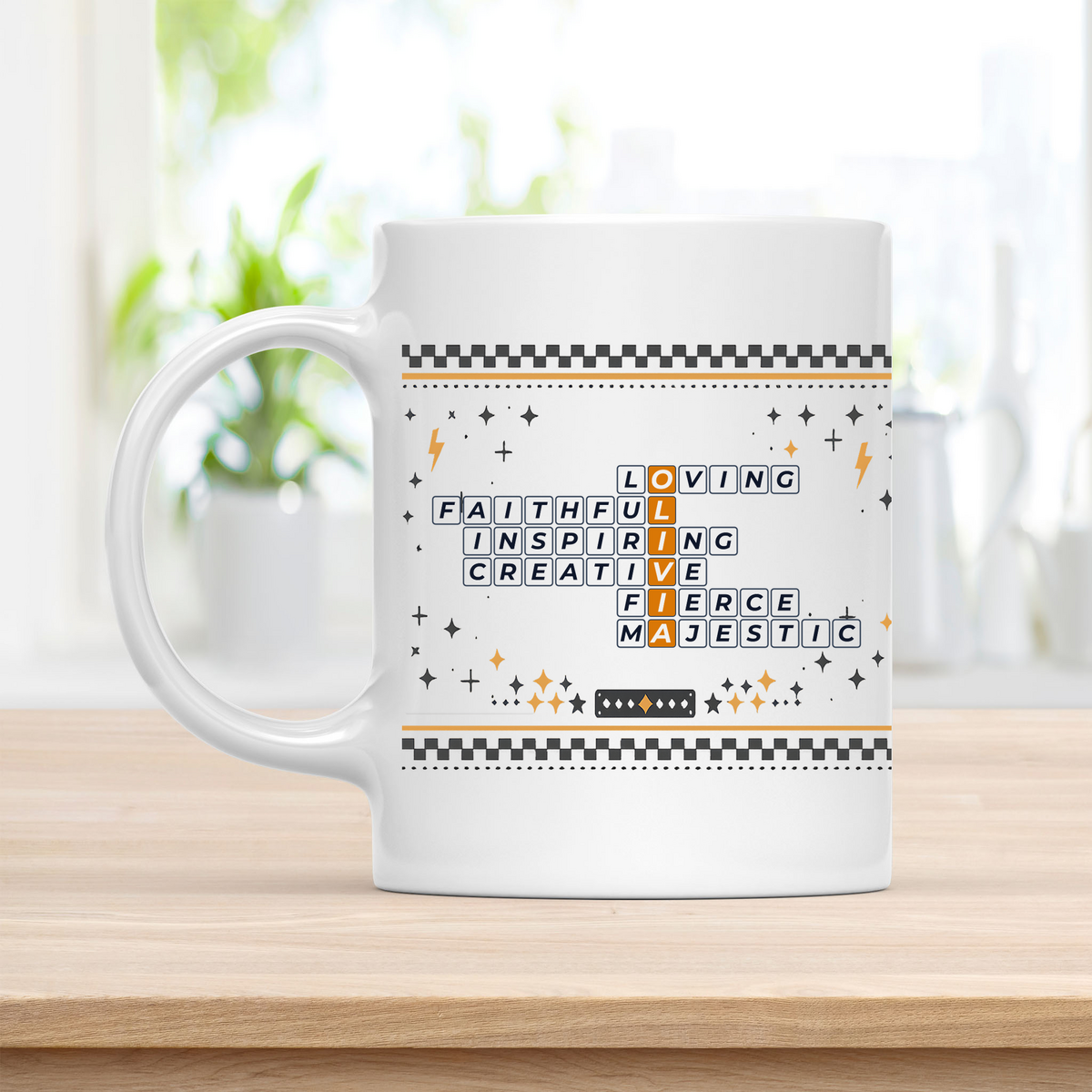Olivia Mug - Bold Crossword Typography - 11oz Ceramic Mug customcat