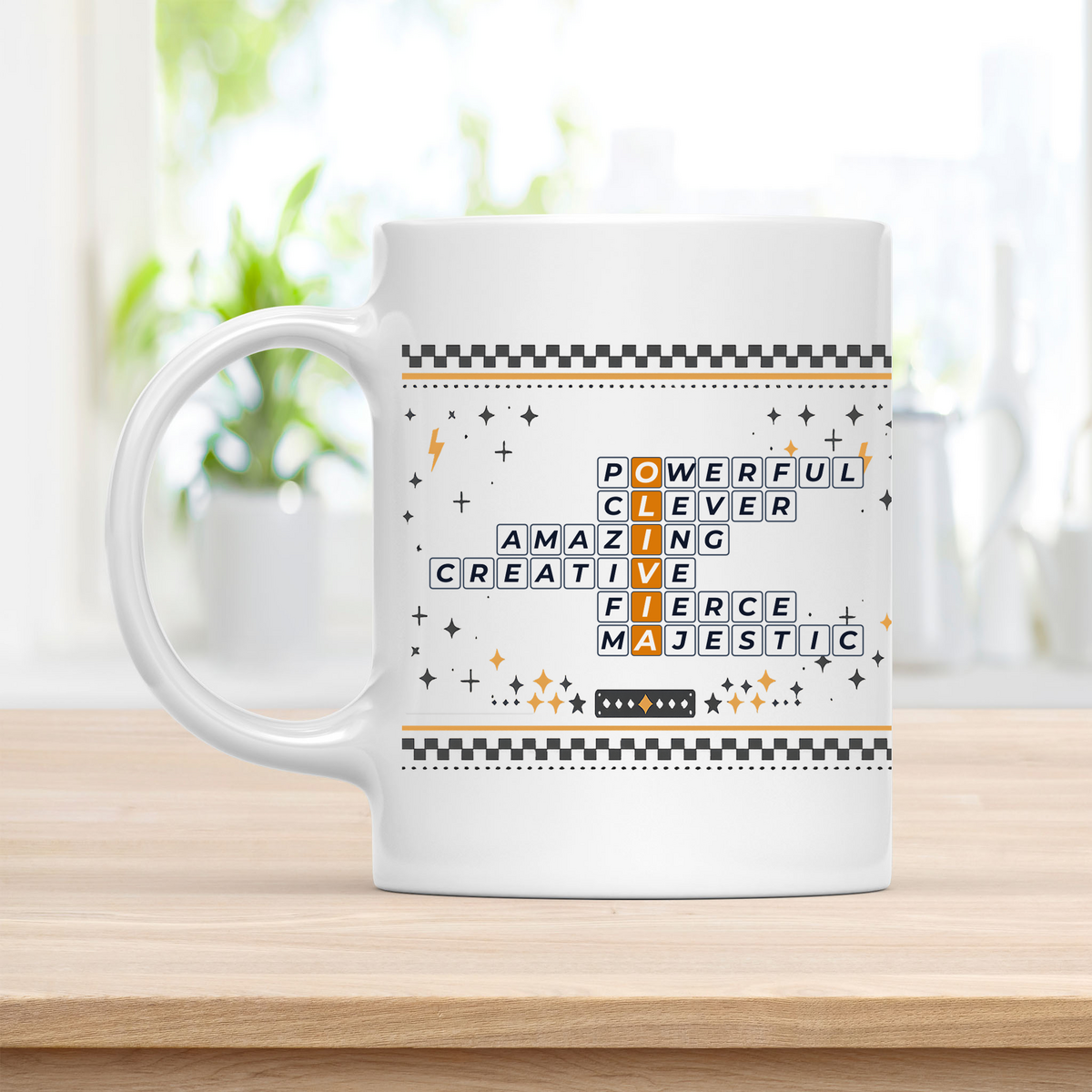 Olivia Mug - Playful Crossword Design - 11oz Ceramic Mug customcat