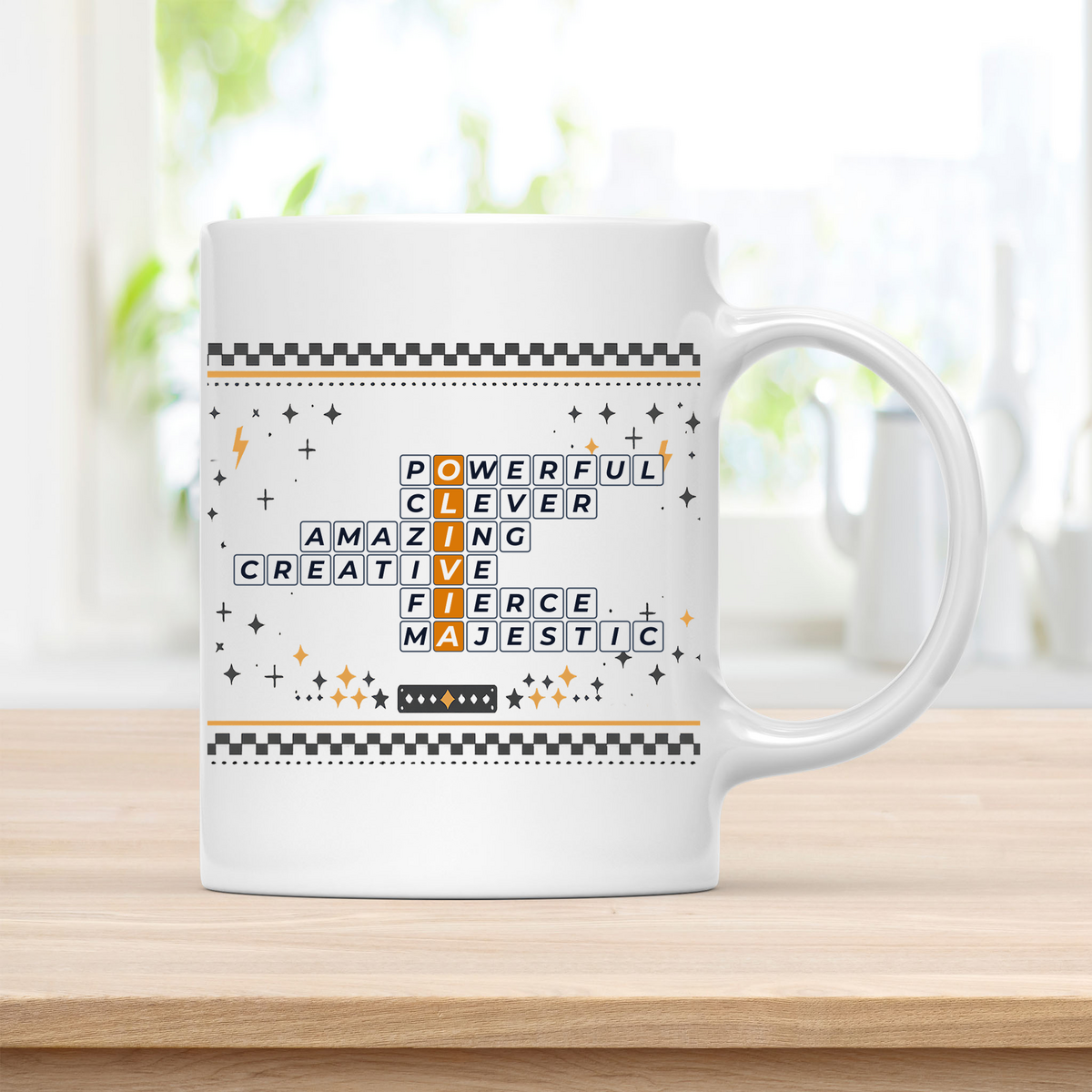 Olivia Mug - Playful Crossword Design - 11oz Ceramic Mug customcat