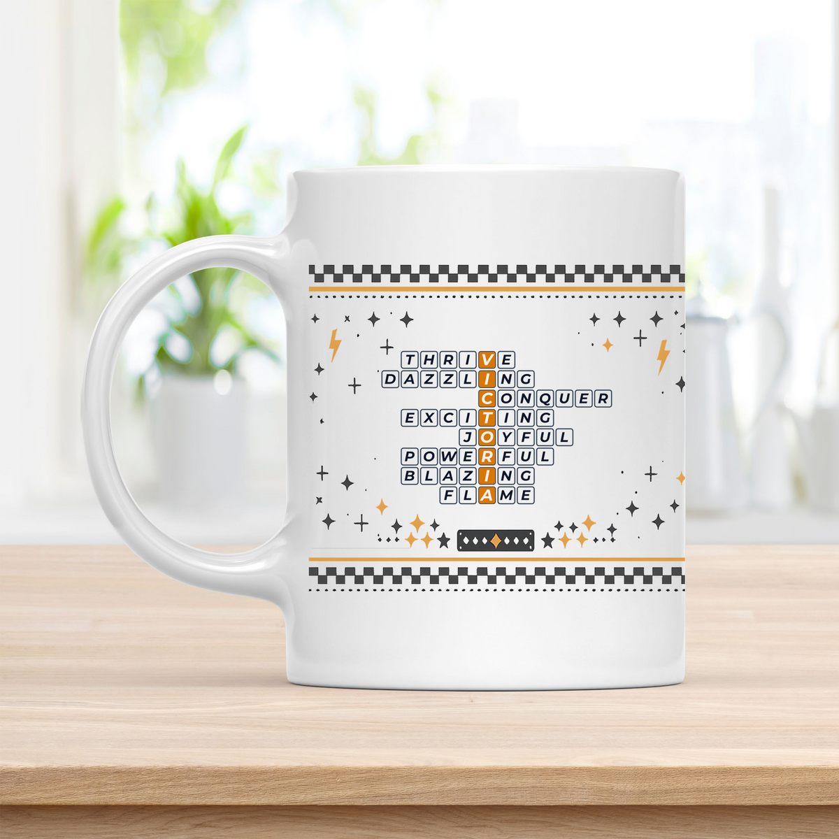 Victoria Mug - Bold Crossword Typography - 11oz Ceramic Mug customcat