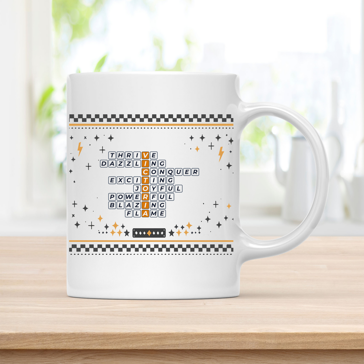Victoria Mug - Bold Crossword Typography - 11oz Ceramic Mug customcat